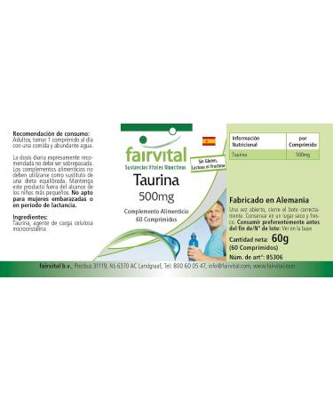 Fairvital Taurine 500mg Vegan High Dosage 60 Tablets - Buy Online on GoSupps.com