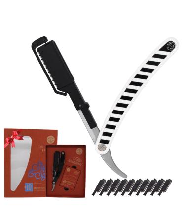Homie Patented Straight Edge Razors for Men Close Shaving Razor for Beard with 11 Disposable Blades Easy to Use and Replace Single Edge Razor Blades with Protective Layer & Safety Lock White Zebra Premium Straight Razor | White Zebra with 10 Heads