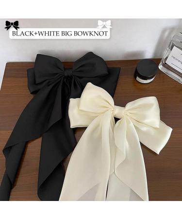 Bow Hair Clip Hair Bows Big Bowknot for Women Solid Satin French Bow Hair Clips with Long Ribbon Silky & Soft Hair Barrette Clips Simple Girls Hair Accessories (Black+White) - Buy Online on GoSupps.com