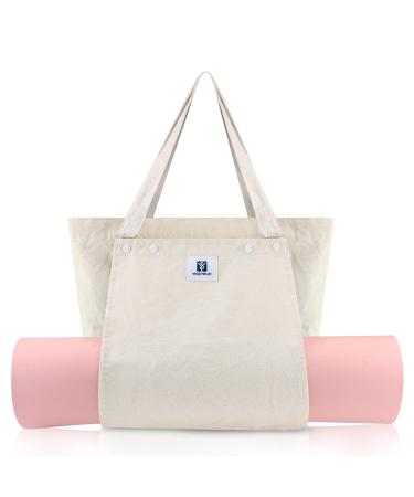 YiSeyruo Yoga Mat Tote Bag: Yoga Canvas Workout Bag with Yoga Mat Carrier Pocket - Large Gym Office Bag for Pilates & Travel - Holds More Yoga Accessories | Canvas Yoga Bag for Woman Beige white