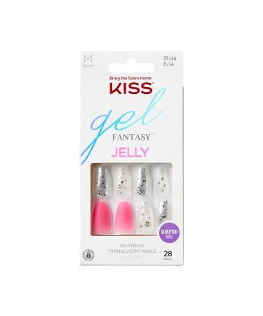 KISS Gel Fantasy Press On Nails Nail glue included 'Fun & Jelly' Pink Medium Size Coffin Shape Includes 28 Nails 2g glue 1 Manicure Stick 1 Mini File