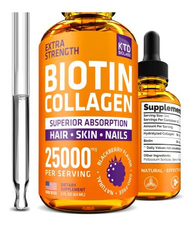 KTD BIOLABS Liquid Collagen and Biotin Drops for Hair Growth 25 000 mcg - Made in USA Collagen & Biotin Vitamins for Hair Skin and Nails - Hydrolyzed Collagen and Biotin Supplement for Women and Men