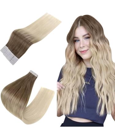 Easyouth Ombre Tape in Hair Extensions Remy Human Hair Tape in Extensions 20 Inch 50g 20Pcs Tape in Real Hair Extensions Brown to Platinum Blonde Balayage Tape Hair 20 Inch #8/60