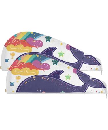 Cartoon Whale Star Cloud Rainbow Hair Towel 2 Pack - Super Absorbent Quick Dry Turbans for Women & Girls - Buy Online on GoSupps.com