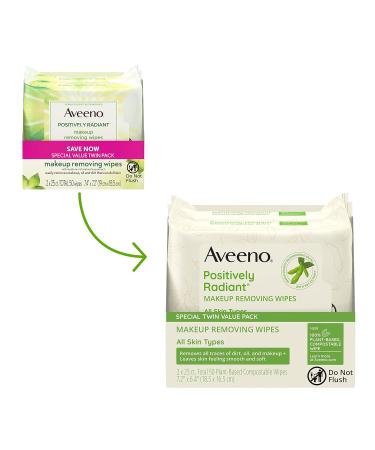 Aveeno Positively Radiant Oil-Free Makeup Removing Face Wipes - Twin Pack 2 x 25 ct | Gentle Facial Cleansing Wipes with Soy Extract for Even Skin Tone and Texture - Buy Online on GoSupps.com