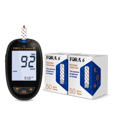 FORA 6 in 1 blood glucose meter Bluetooth with 100pcs blood glucose test strips Connect + BG Vial*2