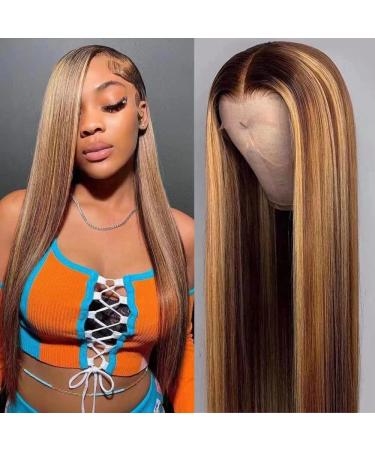 Honey Blonde Brown Ombre Straight Lace Front Human Hair Wig 24 Inch 4/27 Highlight Colored 180% Density HD Lace Frontal Wig for Women - Buy Online on GoSupps.com