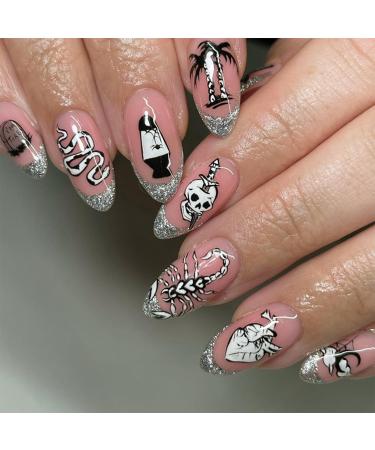 24Pcs Oval False Nails Medium - Pink White Fake Nails Spider Design Press on Nails - Scorpion Print Halloween Acrylic Stick on Nails for Women and Girls (Pink with Halloween Design)
