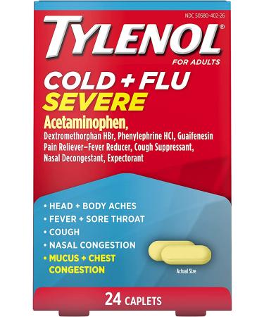 Tylenol Cold & Flu Severe Caplets - 24 ct Relief for Fever, Pain, Cough & Congestion - Buy Online on GoSupps.com