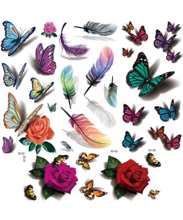 Flowers Temporary Tattoos for women sexy 8 Pcs by Yesallwas LargeTattoo Sticker Fake Tattoos for kids girls teens waterproof and Long Lasting sexy body tattoos -Rose  butterfly feather