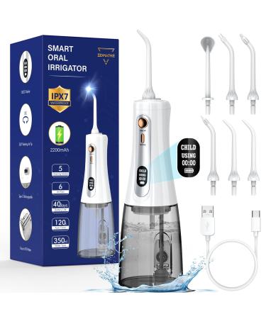 350ML Water Dental Flosser for Teeth Pick 5 Oral Irrigate Modes 6 Jet Tips LCD Display Cordless Water Flosser Rechargeable Travel Electric Water Flossers IPX7 Waterproof for Teeth Cleaning Gadgets Brilliant White