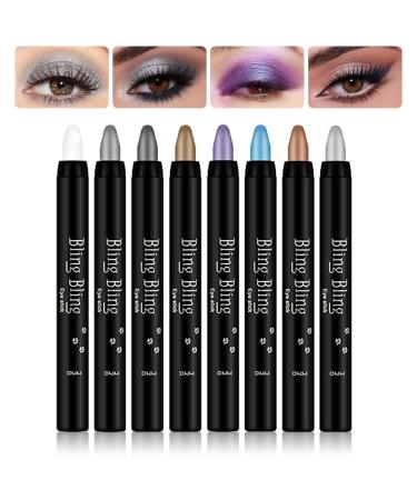 CAHIUYOA 8PCS Eyeshadow Stick Shimmer Eye Shadow Sticks Set Soft Smooth Cream Eyeshadow Stick Pearl White Black Gray Silver Khaki Purple Blue Golden Brown Glitter Eyeshadow Pencil