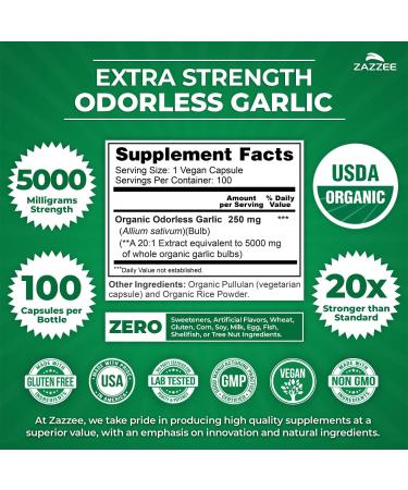 Zazzee USDA Organic Odorless Garlic 20:1 Extract 5000 mg Strength 100 Vegan Capsules 3+ Month Supply Standardized Concentrated 20X Extract 100% Vegetarian All-Natural Non-GMO Made in The USA - Buy Online on GoSupps.com