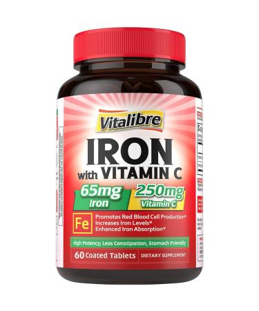 Iron Supplement 65mg Carbonyl Iron with 250mg Vitamin C Stomach Friendly Iron Pills for Blood Building Women & Men High Absorption No Nausea No Constipation Non-GMO No Gluten 60 Vegan Tabs 60 Count (Pack of 1)