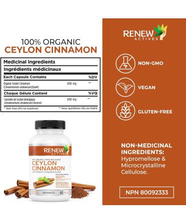 Renew Actives Ceylon Cinnamon Supplement Capsules Promotes Digestive Health & Natural Appetite Control Traditionally Used in Herbal Medicine for Loss of Appetite & Bloating 60 Veggie Capsules (2pk) 2 Packs - Buy Online on GoSupps.com