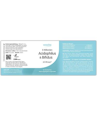 Woscha 8 Milliarden Acidophilus & Bifidus 60 DR Caps (25g) - Vegan Probiotic Supplement for Digestive Health | International Shipping Available - Buy Online on GoSupps.com