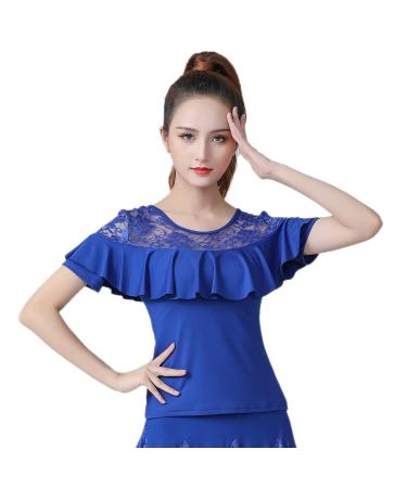 Whitewed Short Sleeve Lace Yoke Ruffle Latin Modern Ballroom Dance Practice Perfonmance Tops Shirts 4-6 Blue