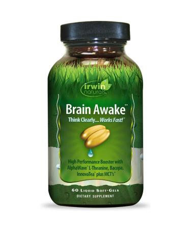 Irwin Naturals Brain Awake Supplement - Cognitive Support & Focus Alpha Brain Memory Support Brain Health & Concentration Formula with L-Theanine Bacopa & MCT's - 60 Liquid Softgels