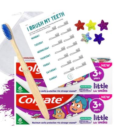 Gift Pack of Kids (3+ yrs) 50ml Toothpastes x 2 with 100% Biodegradable Toothbrush Children's Colouring Teeth Chart and Star Stickers in Gift Bag
