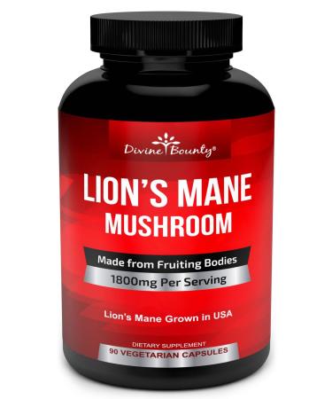 Organic Lions Mane Mushroom Capsules - 1800mg Strongest Lion's Mane Mushroom Supplement - Non-GMO Lions Mane Extract Powder - Nootropic Brain Supplement - Brain & Immune Support - 90 Vegetarian Caps