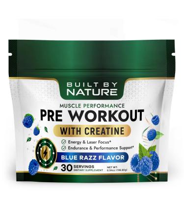 Built by Nature Pre Workout Powder for Men & Women Preworkout with Creatine for Energy Focus & Pumps Sports Nutrition Pre-Workout Supplement Blue Razz Flavor 30 Servings