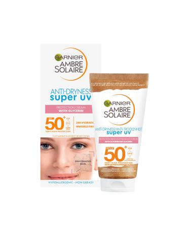 Garnier Ambre Solaire SPF 50+ Anti Dryness Sun Cream Moisturiser for Face High Protection Against UVA & UVB Non-Sticky Fast Absorption For Daily Use All Skin Tones Super UV 50 ml Sensitive Face and Neck Sun Cream - Buy Online on GoSupps.com