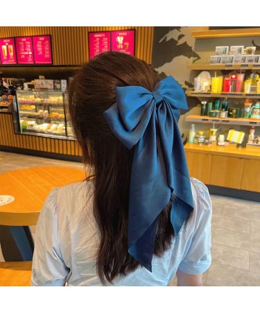 Satin Hair Bows Set - 4 Pieces Soft Ribbon Clips for Women & Girls | Large Bow Hair Barrettes in Green & Navy Blue - Long Tail Hair Accessories - Buy Online on GoSupps.com