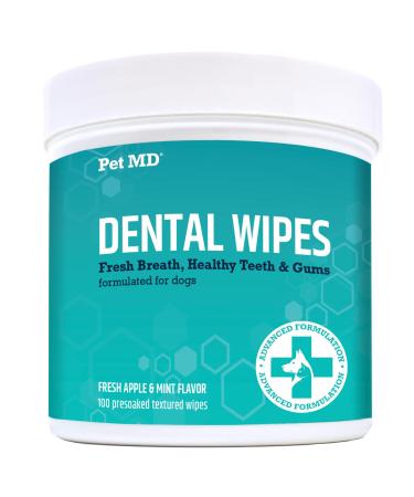 Pet MD Dog Breath Freshener Dental Wipes for Dogs - Tartar and Plaque Remover for Teeth Cleaning - Fresh Apple & Mint Scent Bad Breath Treatment for Dogs - 100 Count