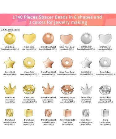 ARTDOT 1740 PCS Gold Beads for Jewelry Making | 8 Styles Spacer Beads Kit in Gold, Silver, Rose Gold - Buy Online on GoSupps.com
