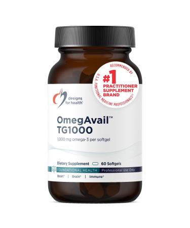 Designs for Health OmegAvail TG1000 - TG (Triglyceride) Fish Oil Supplement with EPA/DHA - Highly Concentrated 1000mg Omega-3 Per Softgel - Natural Lemon Flavor + No Fishy Aftertaste (60 Softgels) 60 Count (Pack of 1)