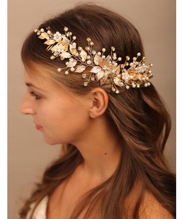 BERYUAN Pearls Leaves Crystal Side Hair Comb Pearls Flower Crystal Wedding Headband Gold Rose Gold Bride Headpiece Wedding Hair Accessories Bridal Headpiece for Wedding Women Girls (gold)