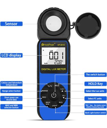 HOLDPEAK HP-881D Digital Photographic Light Meter 1-400,000 Lux/1-40,000 FC - LCD Display, 270 Rotatable Detector for Photography, Plants, and LCD Lights - Lumen Meter - Blue - Buy Online on GoSupps.com