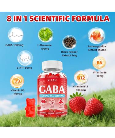 GABA Gummies 1000mg for Kids & Adults Chewable GABA Supplements with L Theanine 5-HTP Ashwagandha Vitamins B6 B12 D3 for Calm & Zzz Sugar-Free/Vegan Strawberry Flavor 60 Count Strawberry 60 Count (Pack of 1) - Buy Online on GoSupps.com