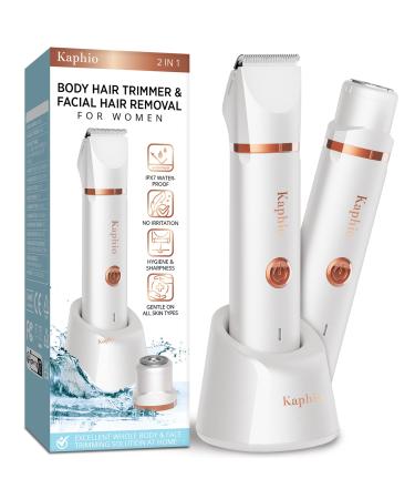 Electric Bikini Trimer Shaver Women: 2 in 1 IPX7 Waterproof Wet & Dry Use Body Hair Trimmer and Facial Hair Remover - Rechargeable Hair Removal Kit for Bikini Underarm Leg Arm Face (Pearl White)