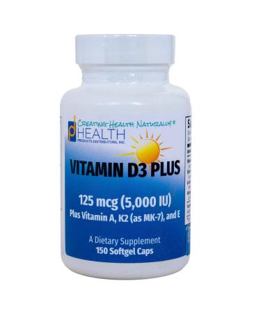 Vitamin D3 Plus 125 mcg (5000 IU) Vitamin D3 | Vitamin K2 (MK-7) and Vitamin A | Natural Form of Vitamin D | Includes Tocotrienols as Antioxidants | Non-GMO |150 Softgel Caps