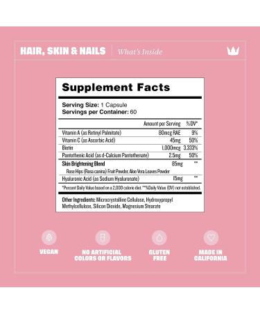 Health By Habit Hair Skin and Nails Supplement - 60 Capsules with Biotin, Vitamins A, B, C, Hyaluronic Acid, Vegan, Non-GMO, Sugar Free - 1 Pack, 60 Count - Buy Online on GoSupps.com