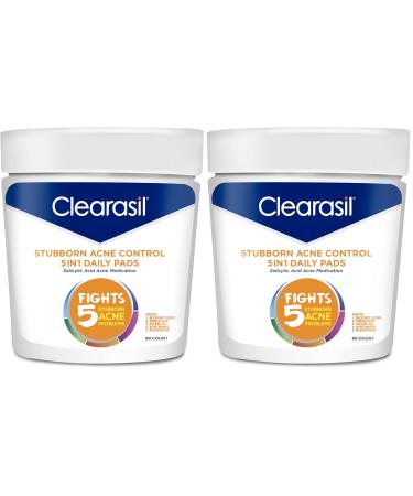 Clearasil Stubborn Acne Control 5in1 Daily Facial Cleansing Pads with Salicylic Acid Acne Treatment Medicine 90 Count (Pack of 2)