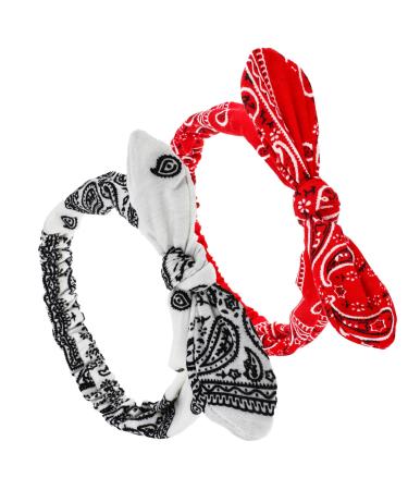 Prasacco 2 Pieces Bandana Headband for Women and Girls Knot Retro Print Headbands Elastic Headband Adjustable Headwrap Rabbit Ear Hairband Hair Accessories for Girls and Women (Red White) White/Red