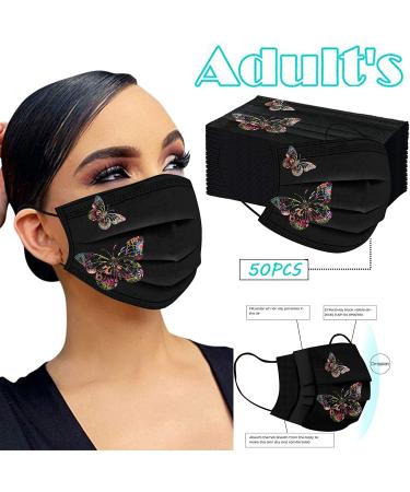 50Pcs Butterfly Printed Black Disposable Face Masks for Adults | 3-Ply Protection with Elastic Earloop and Nose Clip | Comfortable, High Filtration & Ventilation - Buy Online on GoSupps.com