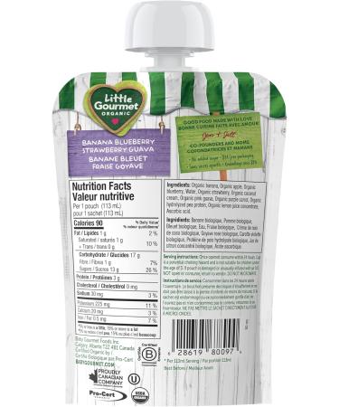 Little Gourmet Organic Bright Blends Baby Food Pouches - Banana Blueberry Strawberry Guava - No Added Sugar or Salt Non GMO No Fillers - (113ml) 12-Pouches Purple Banana Blueberry Strawberry Guava 113ml - 12 Pouches - Buy Online on GoSupps.com