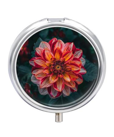 Pill Box Pill Case 3 Compartment Travel Pill Box Yellow Striped Dahlia Printing Small Pill Box Portable Medicine Pill Case Pill Organizer for Purse & Pocket for Travel Handbag (Round)