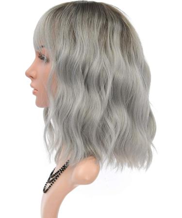 FAELBATY Ombre Grey Short Bob Wig with Air Bangs - Curly Wavy Synthetic Cosplay Wig for Women - 12 Dark Root Ombre Gray - Buy Online on GoSupps.com