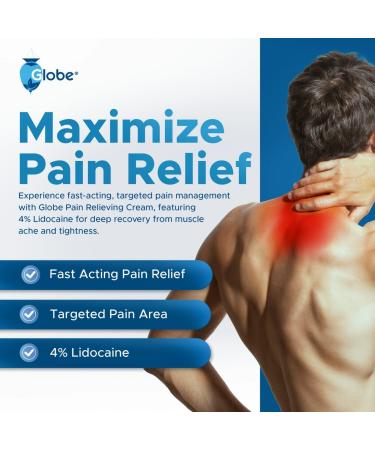 Globe Pain Relieving Cream 4% Lidocaine | Maximum Strength Numbing Relief for Muscle Joint Backache & Soreness | Fast Acting Unscented 3oz - Buy Online on GoSupps.com