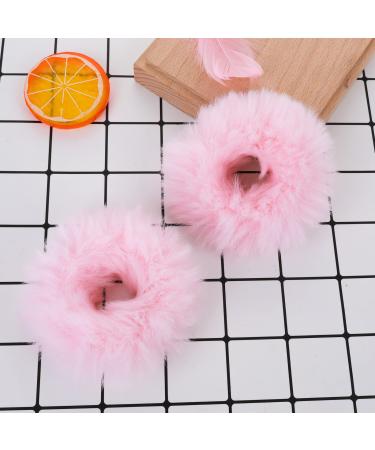 Lusofie 2Pcs Pink Pompom Hair Tie Furry Faux Rabbit Fur Fuzzy Scrunchies Pink Fuzzy Hair Ties Baby Hair Ties Ponytail Holders Pom Hair Accessories for Girl Women