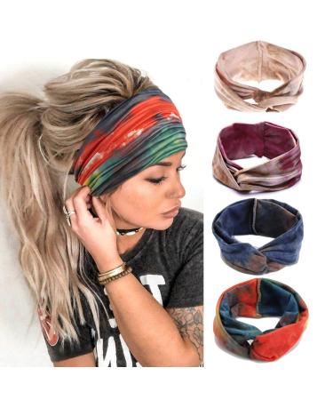 Gortin Boho Headbands Criss Cross Hair Bands Stretch Yoga Sweatband Turban Tie Dye Wide Head Wraps Twist Head Bands for Women and Girls4 Pcs (A-Tie Dye)