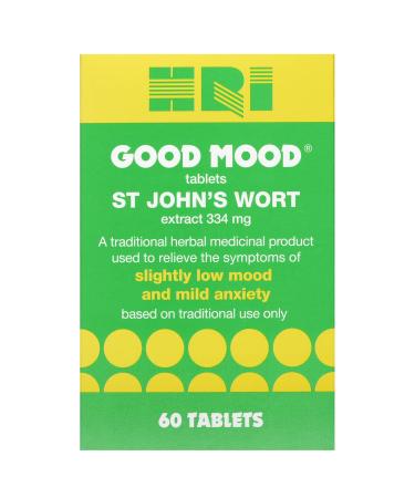 HRI Good Mood - 60 Tablets - to Relieve The Symptoms of Slightly Low Mood and Mild Anxiety. 334 mg of St John's Wort Extract Equivalent to 1670mg 2338mg of St John s Wort. 1 Pack 60 Count (Pack of 1)