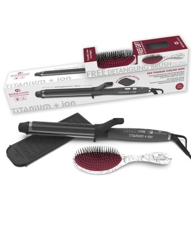 Olivia Garden Titanium + Ion High Performance Professional Curling Iron Dual Voltage with Heat Resistant Heat Mat/Pouch and 1 Limited Edition Detangling Brush 1.25" with gift