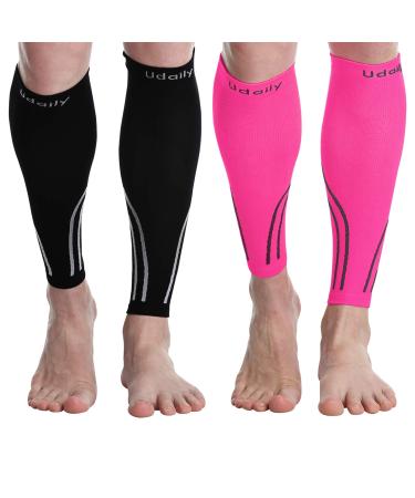 Udaily Calf Compression Sleeves for Men & Women (20-30mmhg) - Calf Support Leg Compression Socks for Shin Splint & Calf Pain Relief M(Calf 12.5"-15") 2 Pairs (Black,pink)