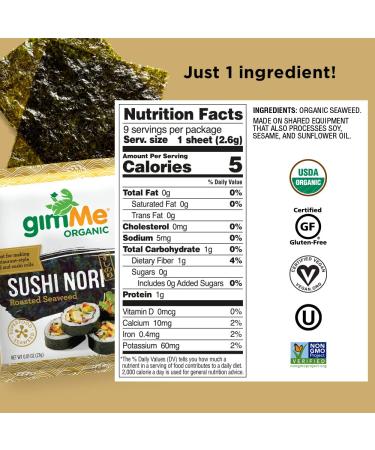 gimMe Organic Roasted Seaweed Sushi Nori Sheets - 9 Sheets (0.81 oz) - Perfect for Sushi Making - Buy Online on GoSupps.com