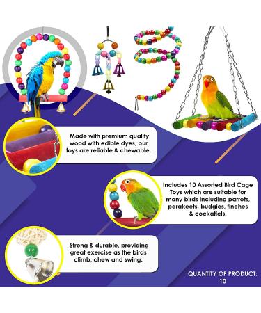 10-Piece Colorful Bird Toy Set for Parrots - Swings Chops Hanging Bells for Budgies Finch and Cockatiels - Buy Online on GoSupps.com